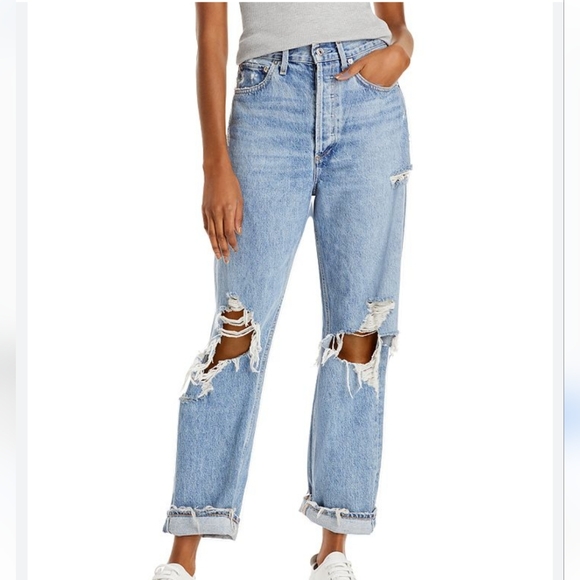 90s AGOLDE Mid Rise Loose Fit Ripped Wide Leg Cotton Jeans Size 23 - Picture 1 of 13